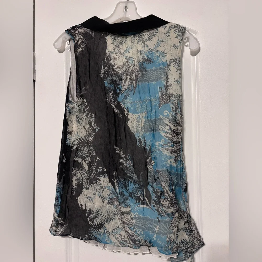 Elie Tahari Blue Black Floral Sheer Collared Camisole - Picture 4 of 4